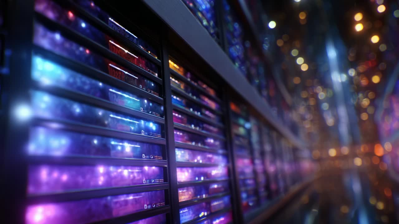 A Stunning Visual Display of High-Tech Server Racks in a Data Center, Showcasing Vibrant Colors and Modern Technology, Highlighting the Intricacies of Server Architecture and Data Management