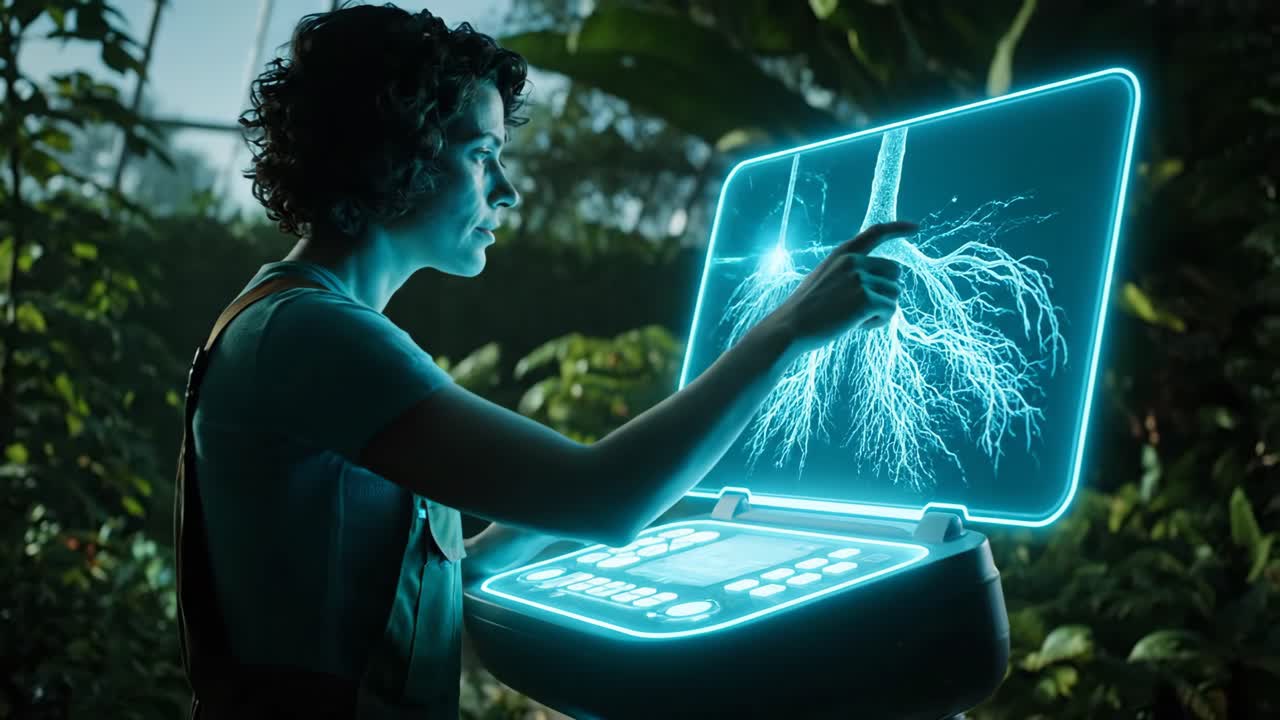 Woman Analyzing Plant Roots with Futuristic Laptop