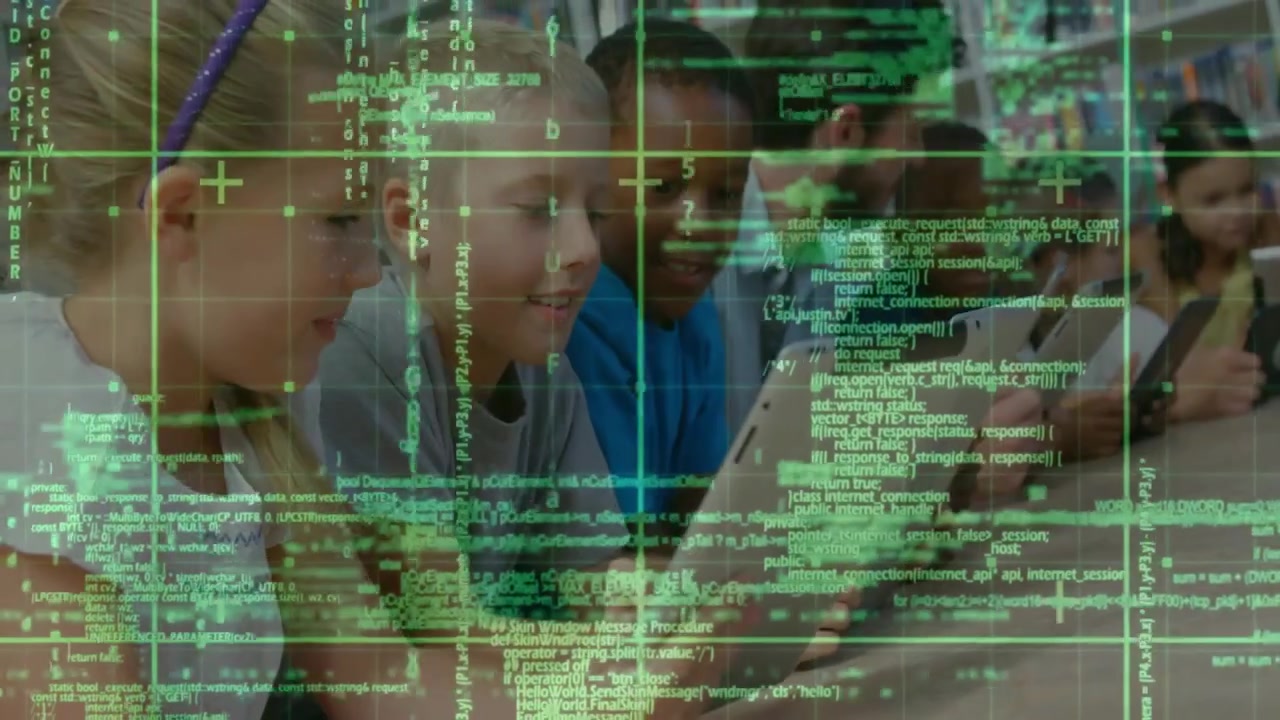 Girl picking up tablet and tapping screen, teacher guiding learning with pulsing green code overlay