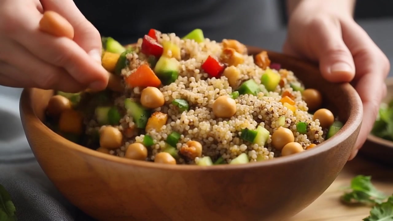 Personne mélangeant une salade de quinoa fraîche dans un bol en bois