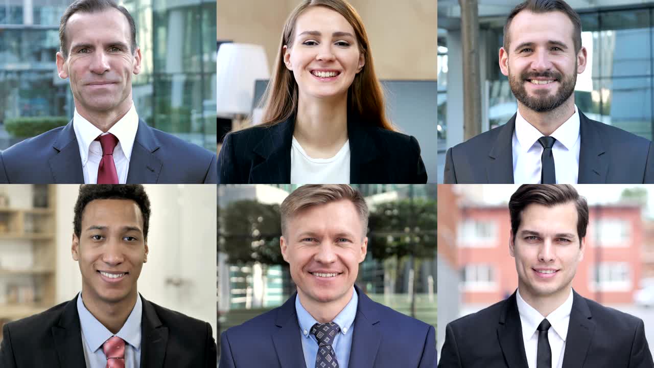 el collage de personas de negocios mirando a la cámara y sonriendo