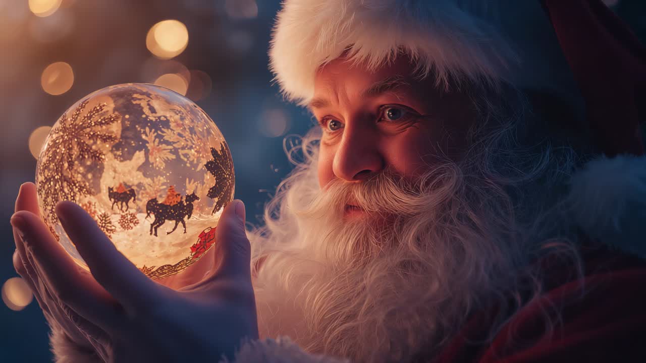 Glow sparking Santa raising and rotating snow globe, inspecting reindeer at home with string lights