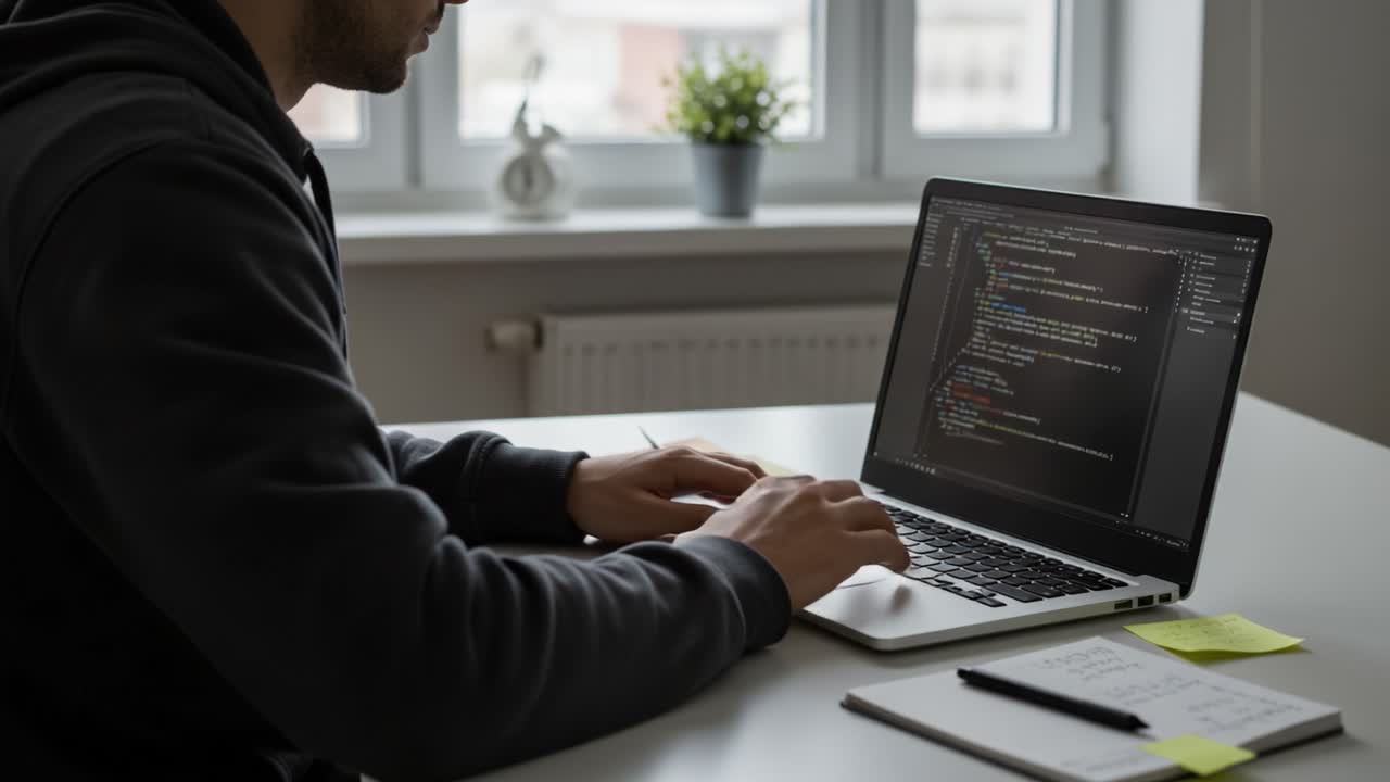 A focused individual diligently coding on a laptop at a bright workspace, showcasing the modern blend of technology and creativity in software development
