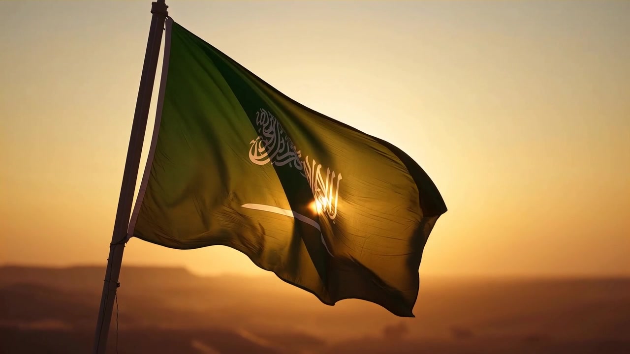 Bandiera verde sventolante con scrittura araba e spada che cattura la luce del tramonto sulle colline con la brezza che si alza.