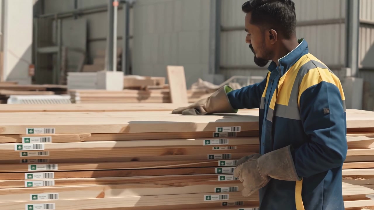 Abbigliamento da lavoro ad alta visibilità e guanti protettivi incorniciano il movimento ripetuto della mano attraverso legname stratificato, mentre la luce del giorno illumina superfici in legno, scaffalature e materiali interni
