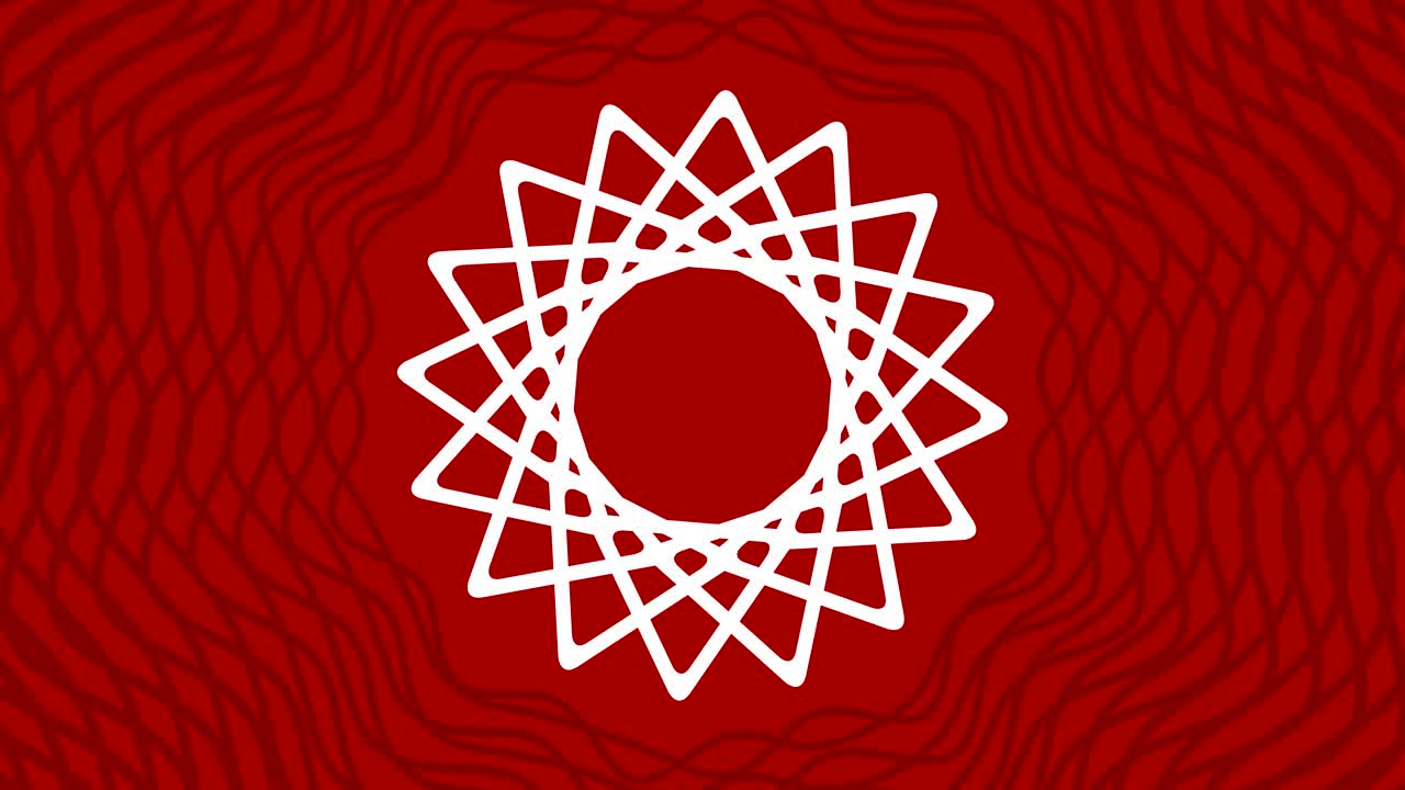 objeto gráfico que gira en el centro, aumentando y luego reduciendo el tamaño dentro de un marco gráfico, mientras que el fondo cambia rápidamente de color creando un efecto psicodélico, en formato de video 16: 9