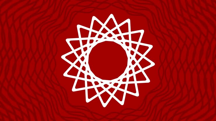 Oggetto grafico che ruota al centro, aumentando e poi riducendo le dimensioni all'interno di una cornice grafica, mentre lo sfondo cambia rapidamente colore creando un effetto psichedelico, in formato video 16:9.