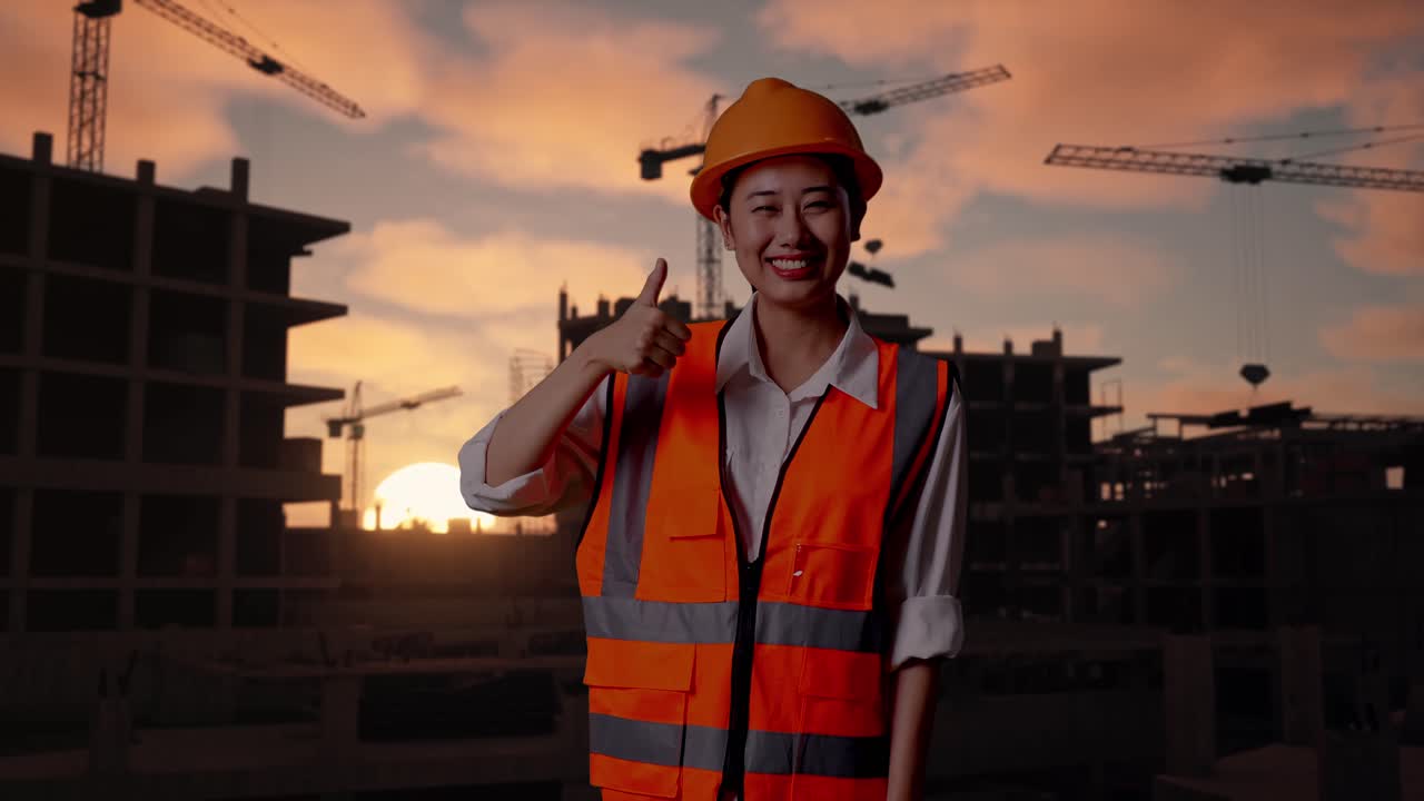Ingeniera asiática con casco de seguridad sonriendo y mostrando el pulgar hacia arriba a la cámara mientras está de pie en una obra en construcción de una nueva casa