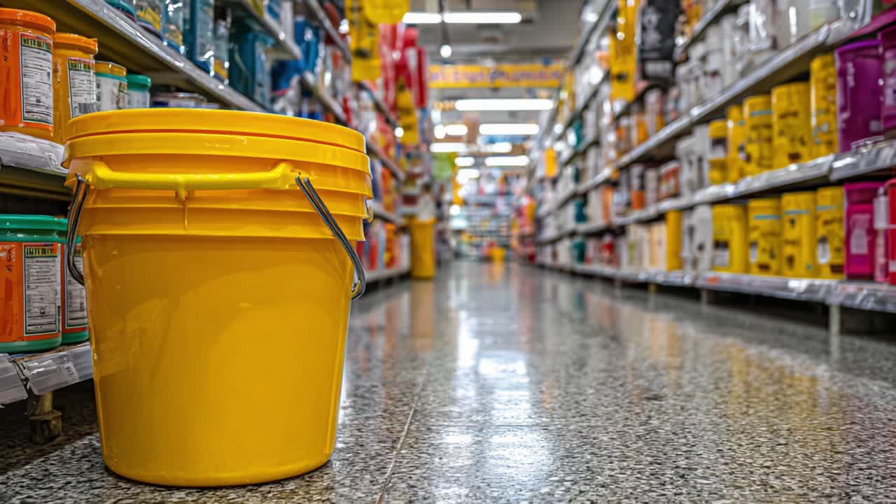 Ein hellgelber Eimer in einem Gang eines gut sortierten Geschäfts, umgeben von verschiedenen Farben und Heimwerkerbedarf, der eine lebendige Einkaufsumgebung hervorhebt