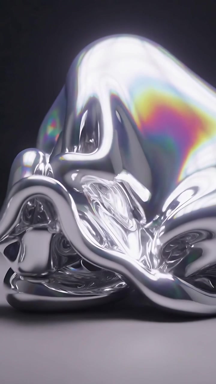 Vertical video: Shaping chrome mass folding on mat base in studio as top grid moving casting gleams