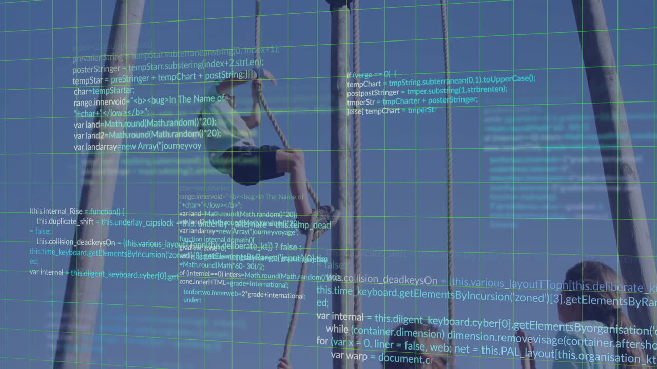 Climbing ropes, person with animation of computer code on blue background