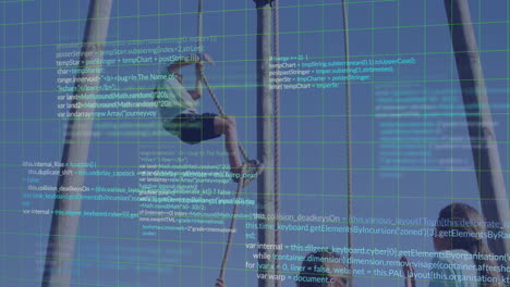 climbing ropes, person with animation of computer code on blue background