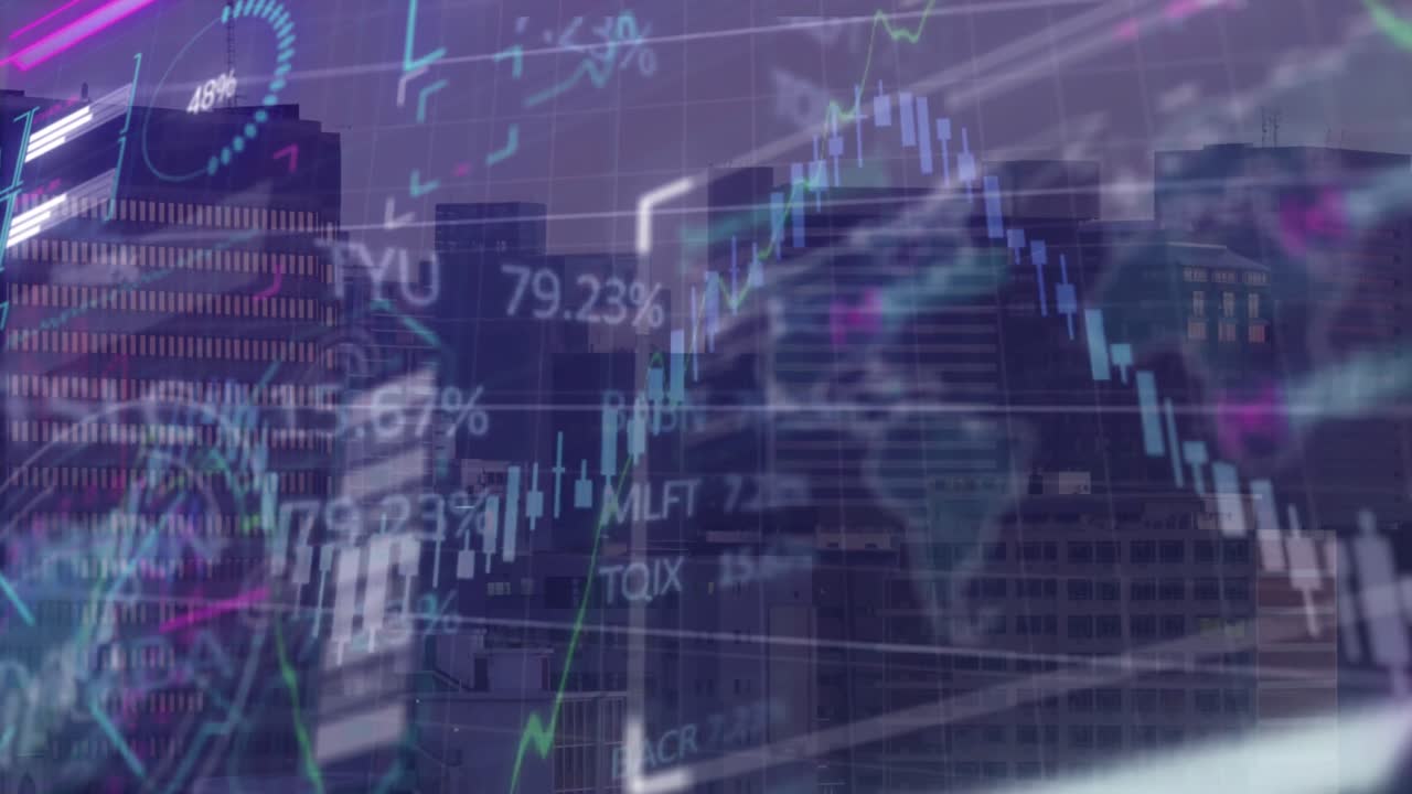 Animazione dell'elaborazione di dati finanziari su un paesaggio urbano