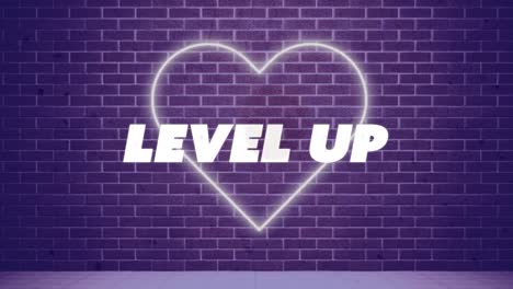 Animation-of-colorful-level-up-text-banner-over-neon-heart-icon-against-brick-wall-background