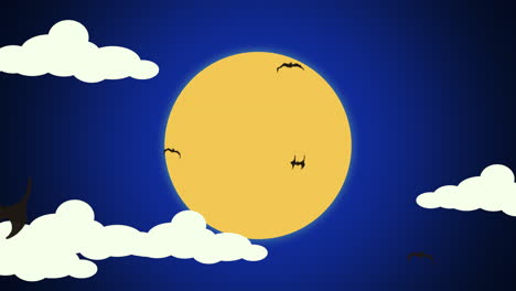 Murciélagos-Voladores-Y-Gran-Luna-Amarilla-Con-Nubes-En-El-Cielo-Azul