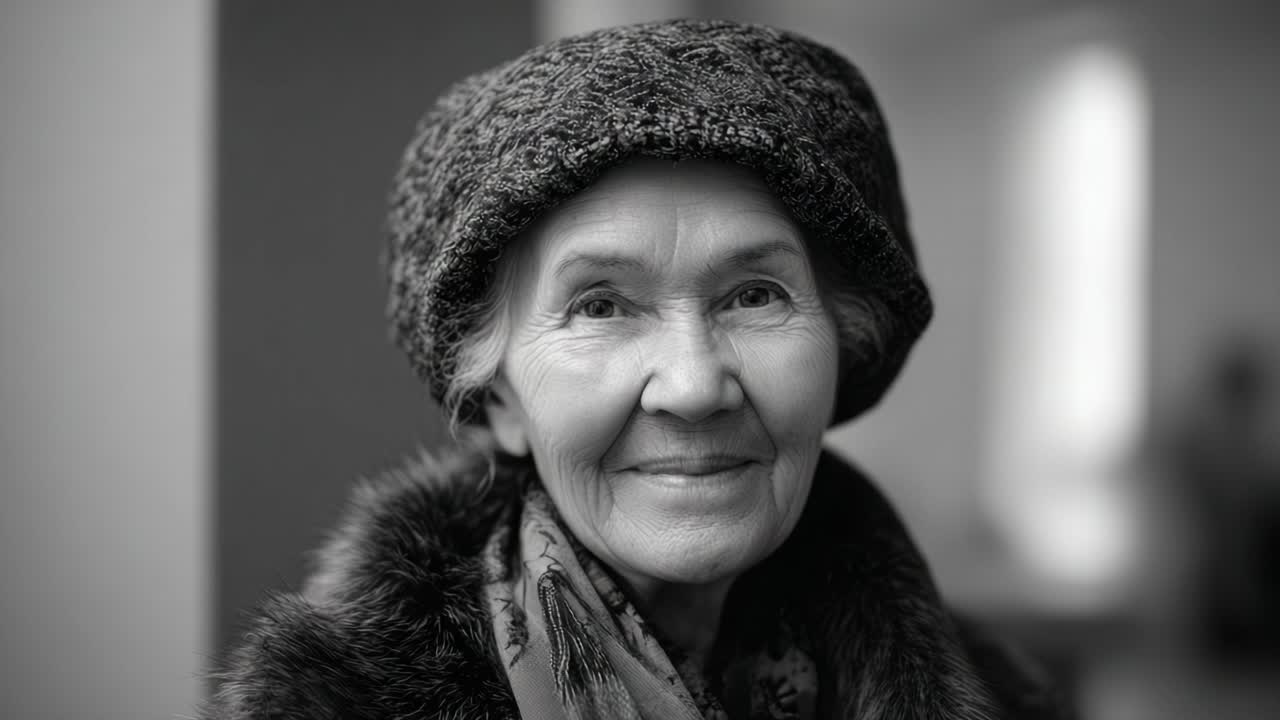 Serie di ritratti accattivanti di una donna anziana sorridente con un cappello tradizionale, che mettono in risalto saggezza, grazia ed eleganza senza tempo in tonalità monocromatiche.