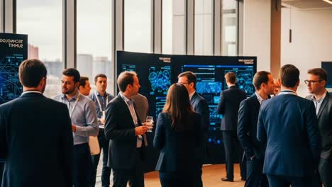 networking professionals discussing technology trends and innovations at a corporate event with engaging displays in a bright, modern venue