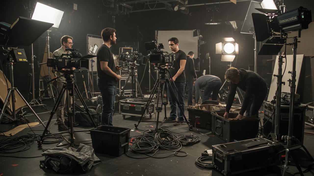 Behind the Scenes of a Film Shoot: A Team of Crew Members Preparing Equipment and Setting Up Cameras in a Professional Studio Environment