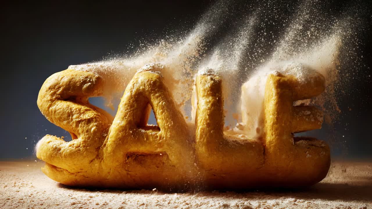 Dynamic Flour Dust on SALE: A Captivating Visual of Wordplay and Creativity in a Sweeping Scene of Flour Interaction and Product Promotion