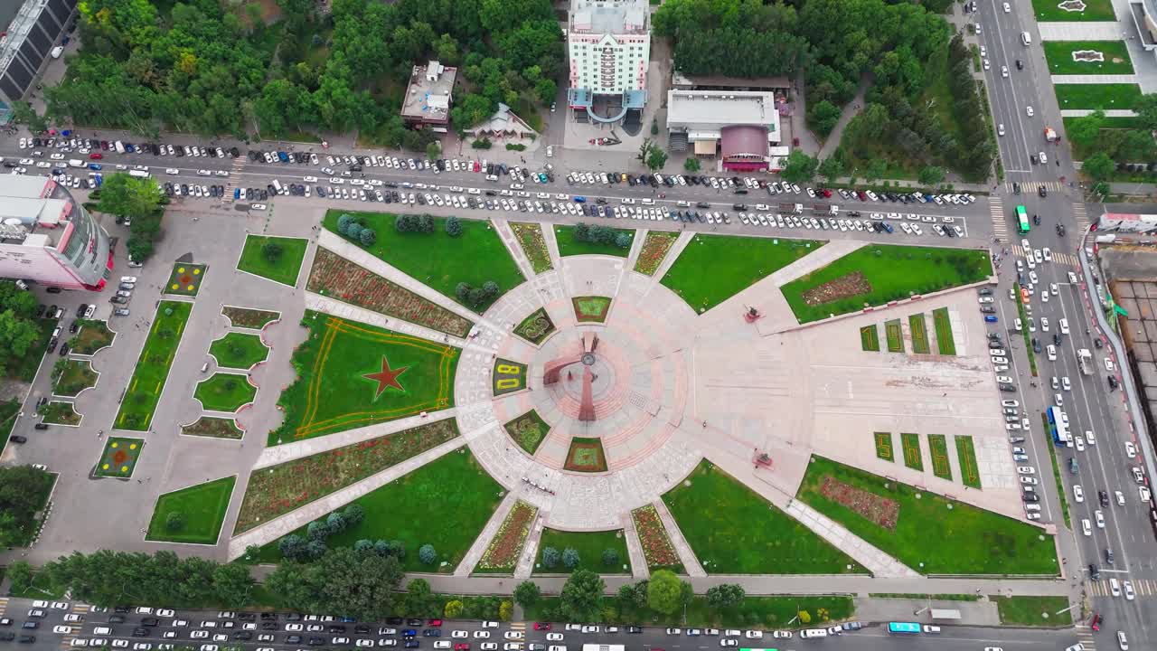 Aerial View of Victory Square in Bishkek, Kyrgyzstan – Soviet War Memorial