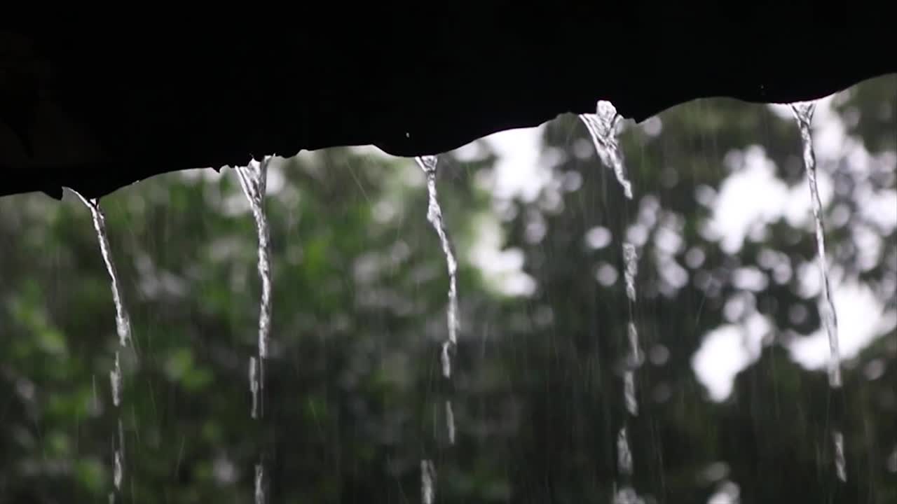 agua de lluvia cayendo del techo - lluvia sobre un techo de hojalata - tiro de ángulo bajo