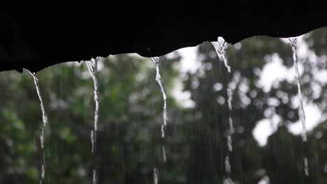 rain water falling from roof - rain on a tin roof - low angle shot