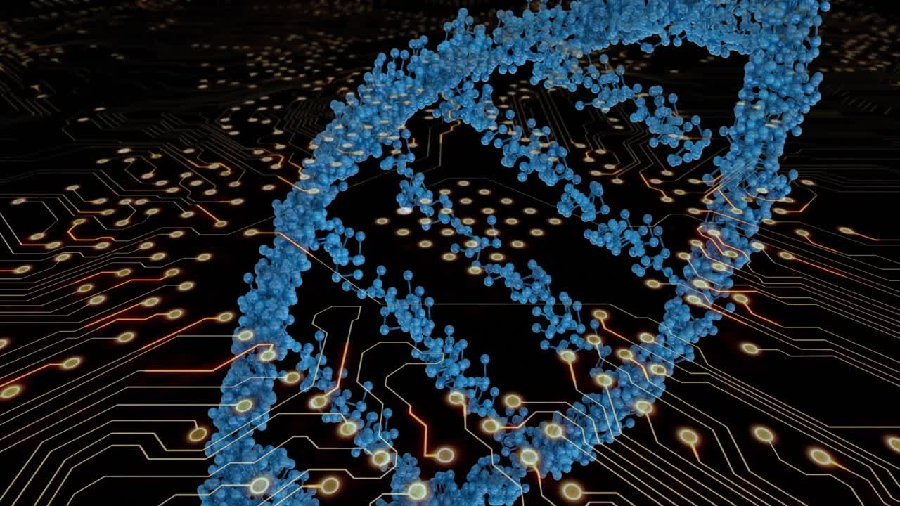 검은 바탕에 데이터 처리 및 dna 스트랜의 애니메이션