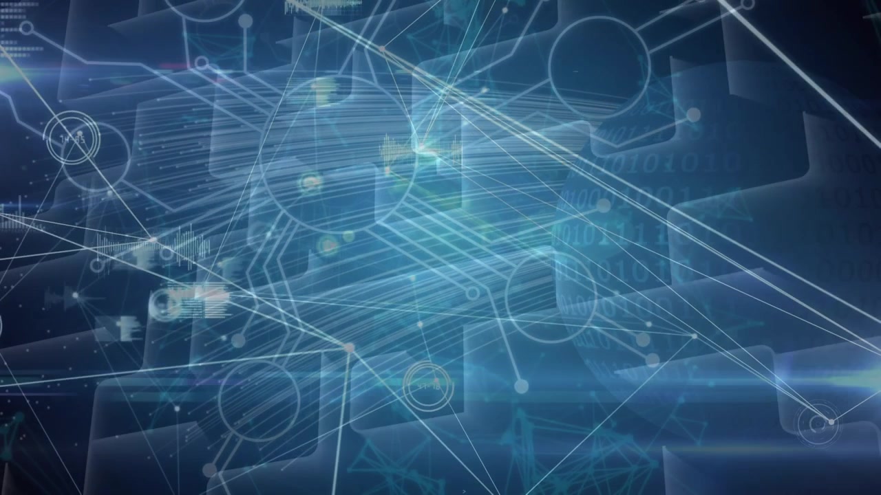Animation of network of connections and data processing over blue background