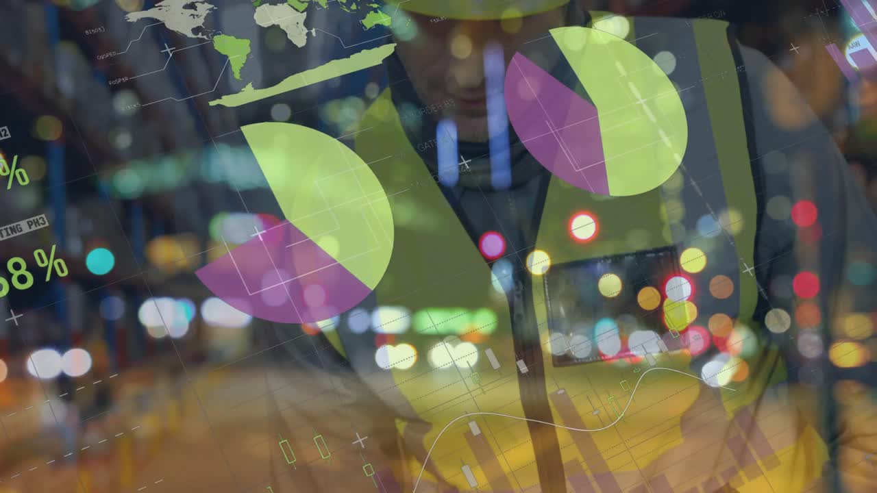 백인 남성 창고 노동자에 대한 그래프와 금융 데이터의 애니메이션