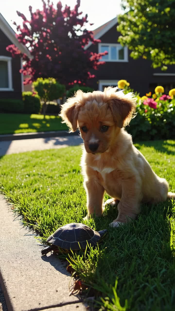 Puppy and Turtle in the Garden
