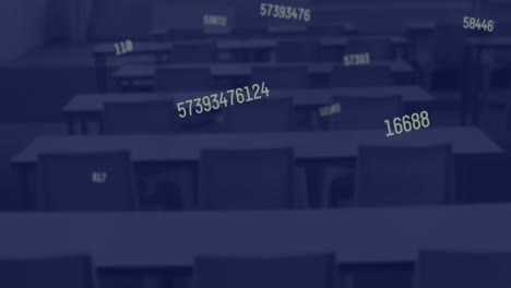 digital composition of multiple changing numbers floating against empty classroom in background
