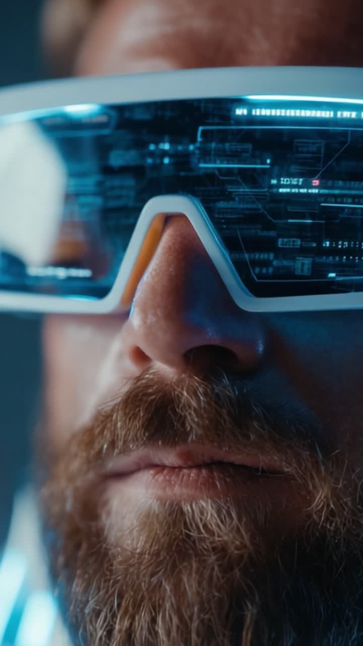 Immersive Technology Experience: A Close-Up of a User Wearing Advanced Augmented Reality Glasses with Digital Data Displayed in the Lens