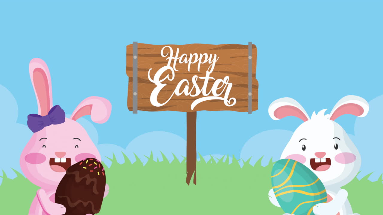 felicità pasqua carta animata con conigli coppia nel campo
