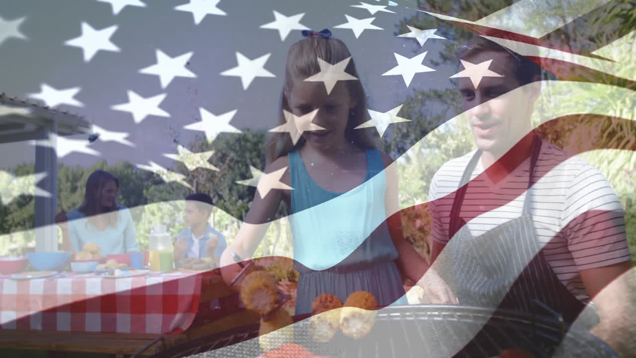 미국인 가족들이 뒷마당에서  ⁇ 을  ⁇ 고 있습니다.