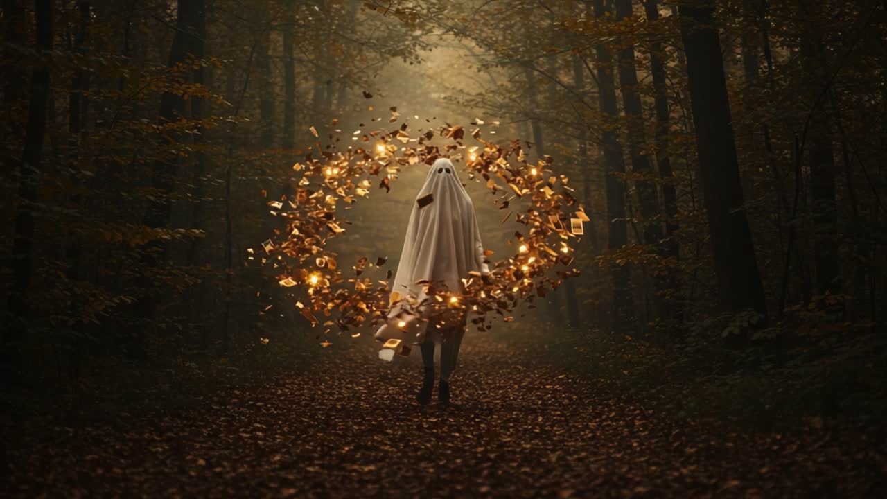 A Mysterious Figure Wanders Through a Lush Forest, Surrounded by a Mesmerizing Halo of Sparkling Lights and Floating Leaves, Creating an Enchanting Atmosphere