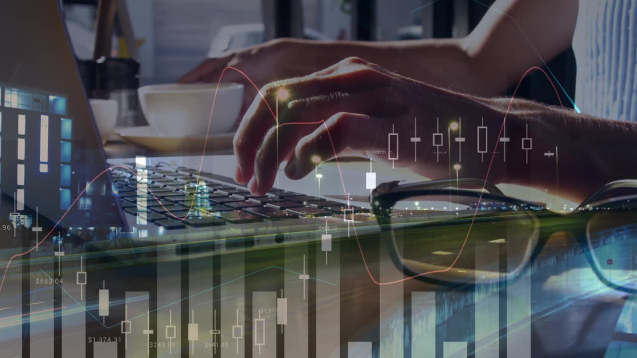 Animation of statistics and data processing over woman using laptop