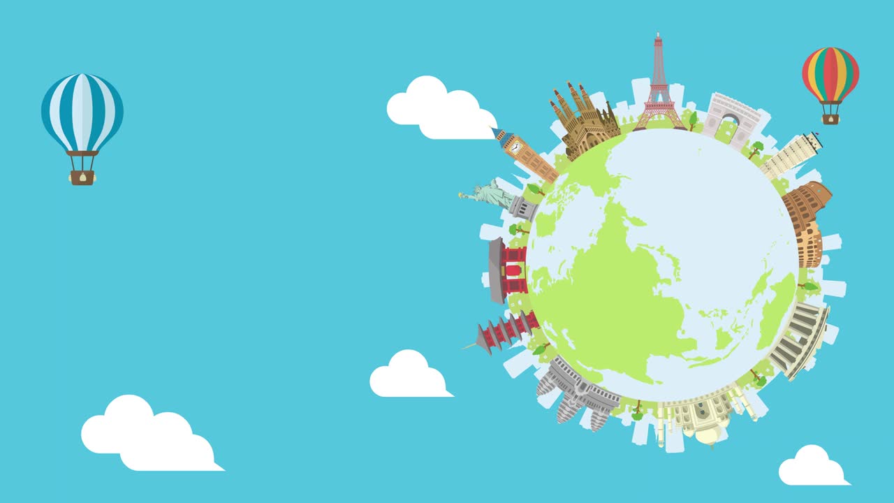 여행, 휴가, 관광 애니메이션 배너 (4k) 세계 유산 및 세계적으로 유명한 건물. 텍스트 버전이 없습니다.