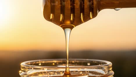 golden honey dripping from a wooden dipper into a jar at sunset: nature's sweetness captured in a moment of pure bliss