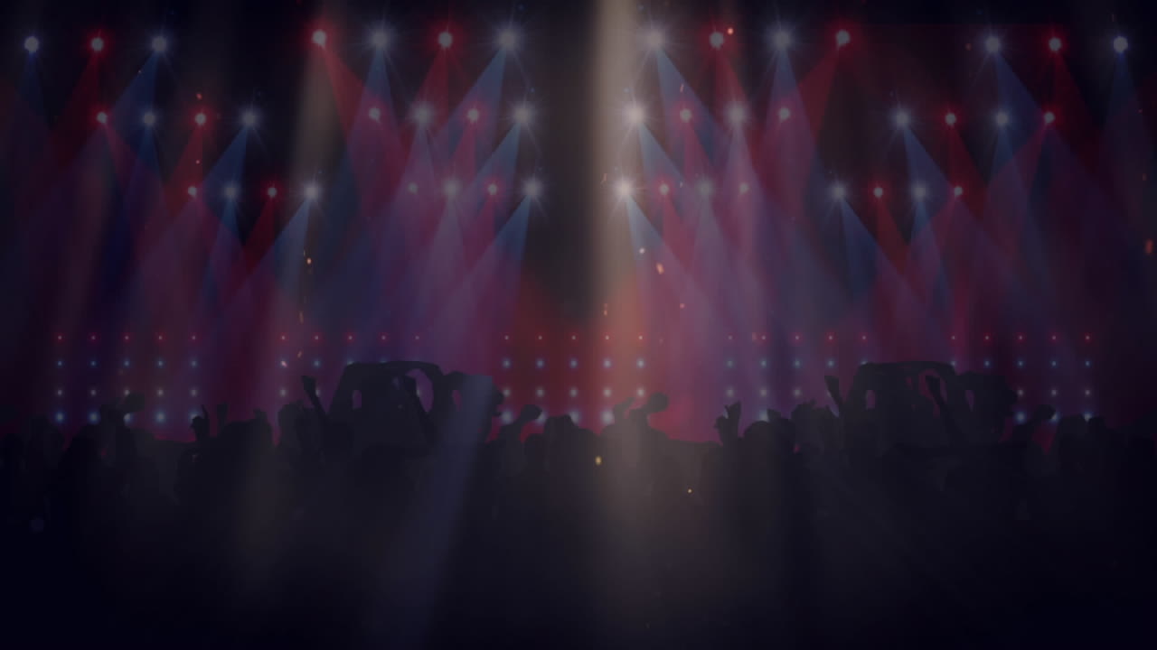 Animation af røde og blå spotlights over et dansende publikum