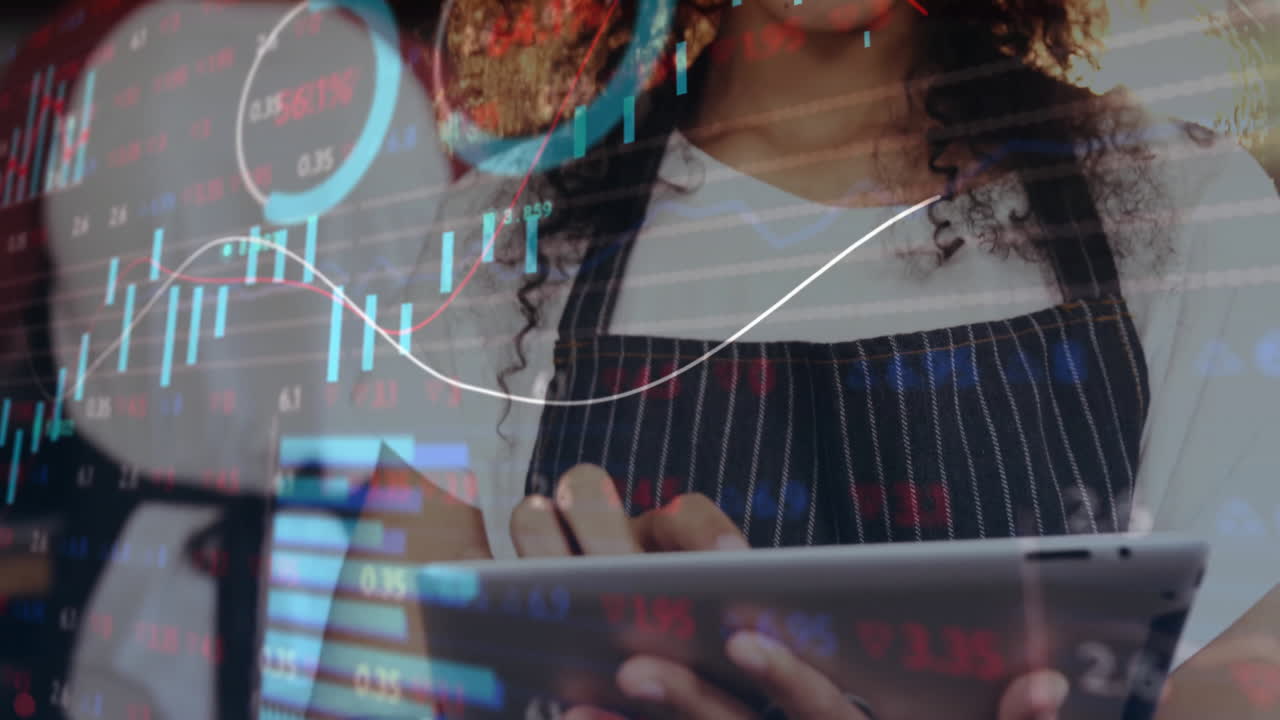 female barista using tablet in coffee shop, with animated stock market charts floating across frame