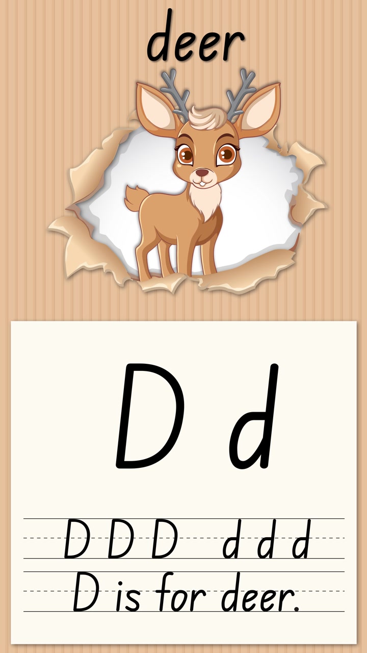 Video educativo animato che insegna ai bambini la lettera D usando l'illustrazione di un simpatico cervo a cartone animato.