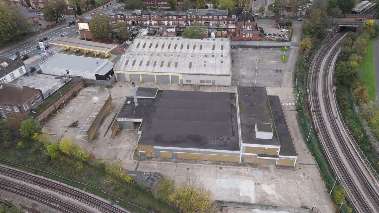 Aerial View of Industrial Area with Railway Tracks