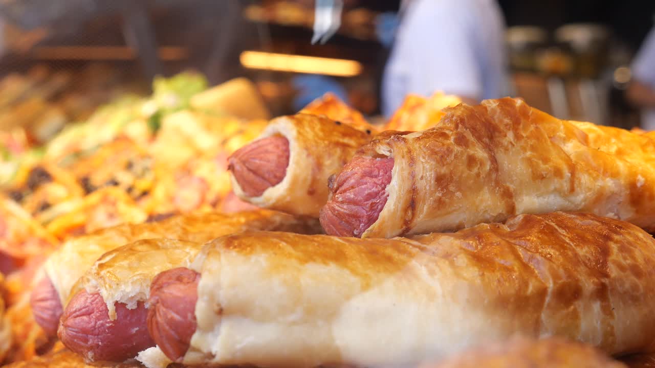 Close-up of Golden Brown Sausages in Puff Pastry at a Bakery