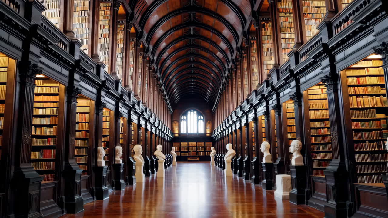 Grand Library Interior with Classical Busts