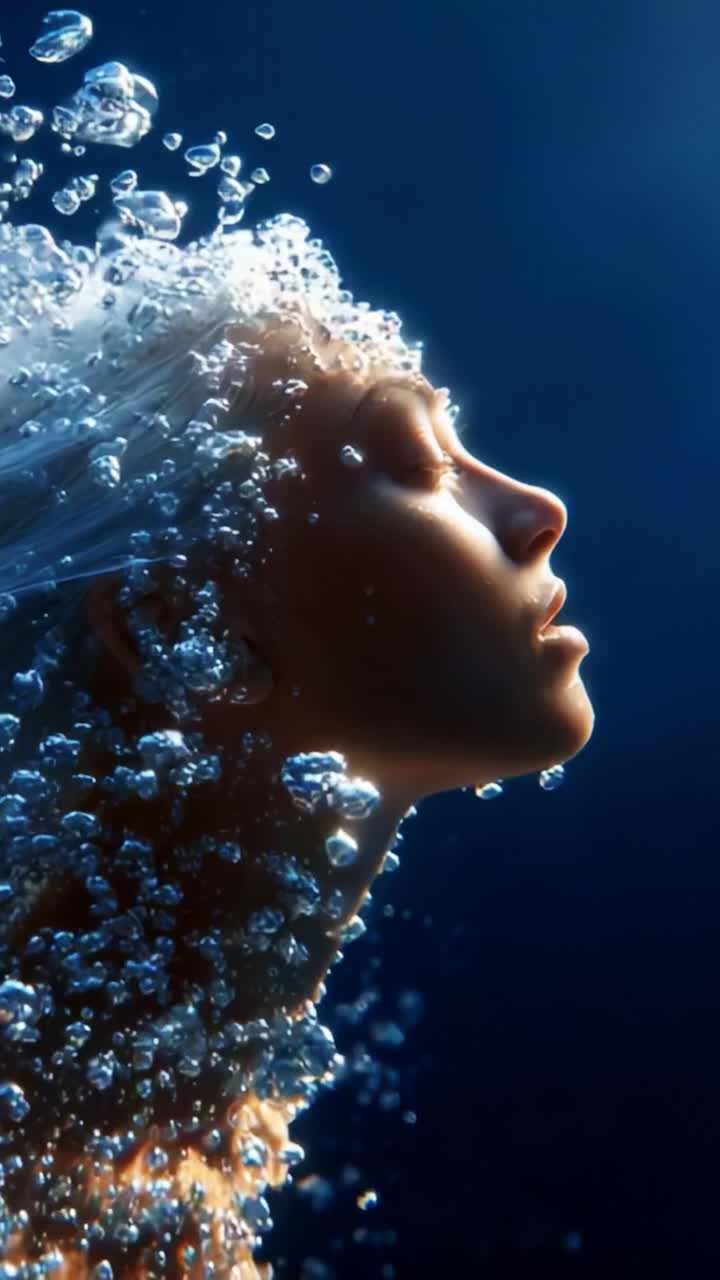 A Serene Moment Captured Beneath the Surface: A Breathtaking Portrait of a Submerged Figure Surrounded by Bubbles in a Dreamlike Underwater Scene