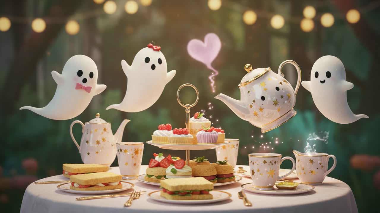 A Whimsical Ghostly Tea Party: Enchanted Spirits Gather for a Delightful Afternoon with Tea, Treats, and Heartwarming Moments Under Twinkling Lights