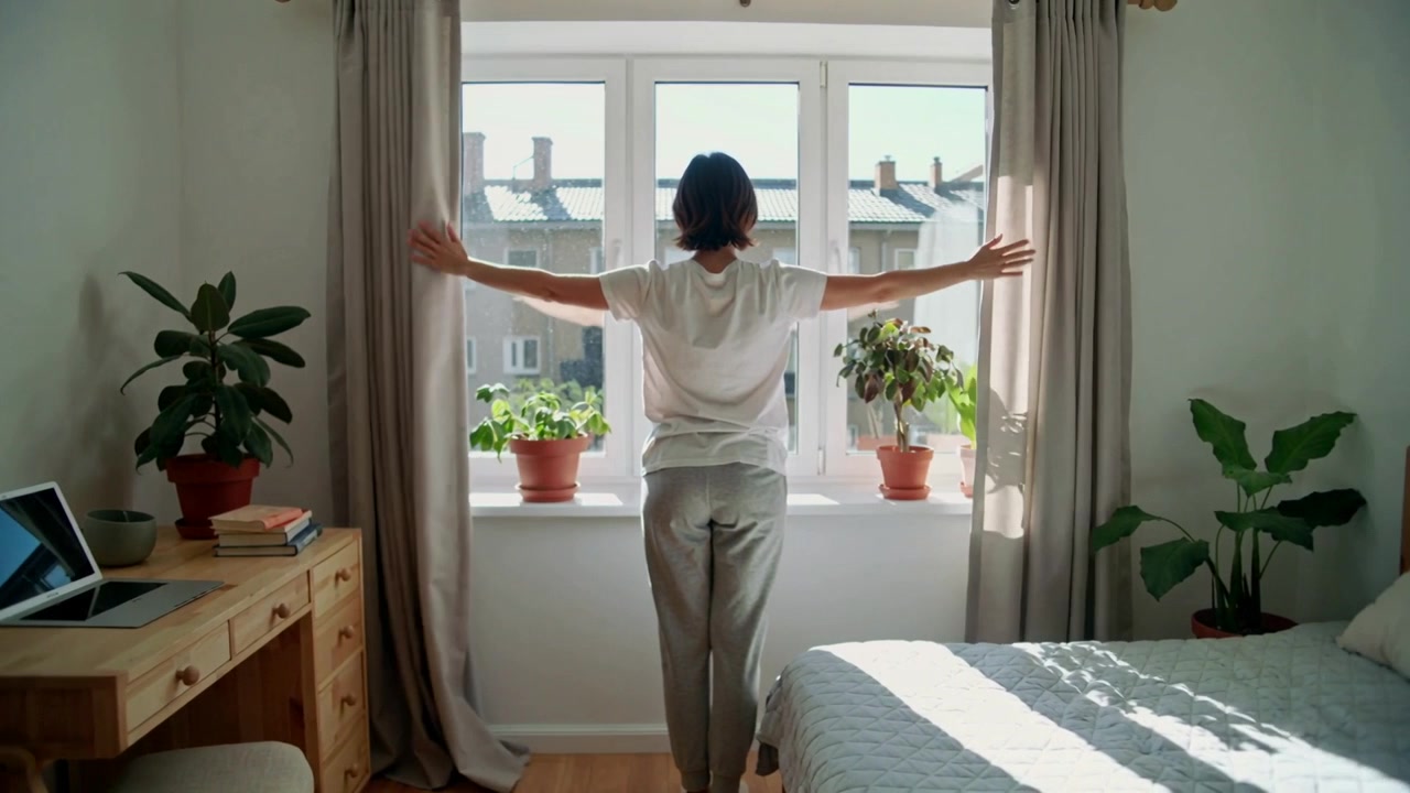Donna in maglietta bianca e pantaloni grigi che apre le tende alla finestra della camera da letto, rivelando piante e un laptop.