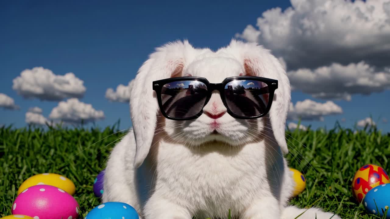 A low-angle shot of a white rabbit wearing sunglasses, surrounded by colorful eggs on grass