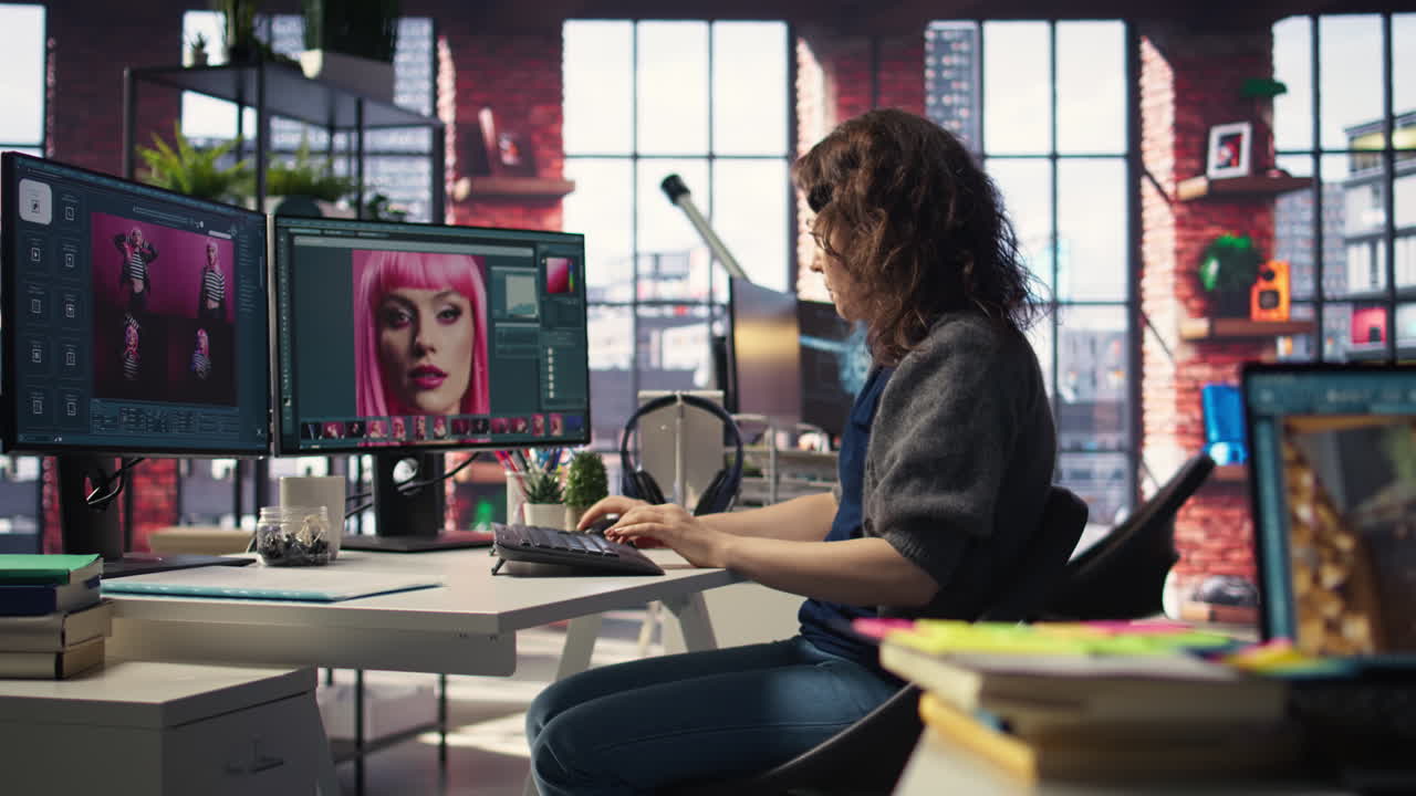 Female graphic designer editing photos on a modern computer setup