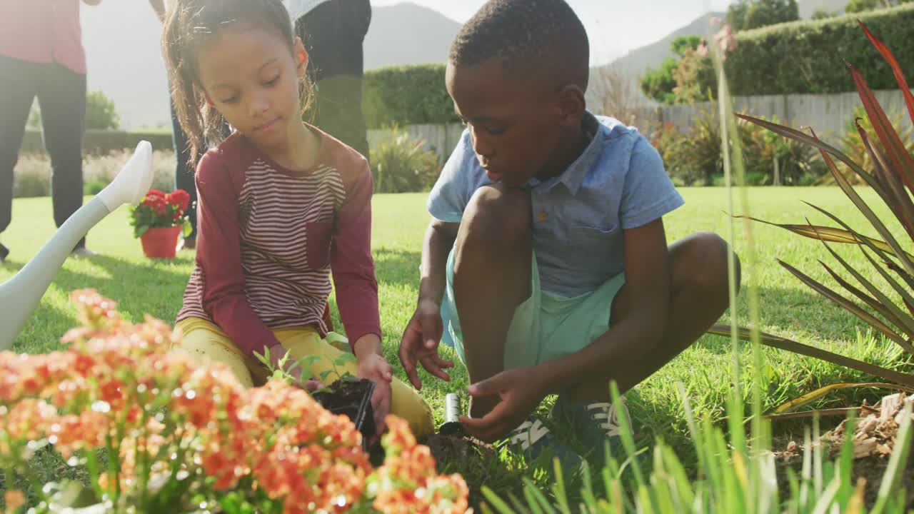 Vidéo d'une famille afro-américaine heureuse passant du temps ensemble dans le jardin.